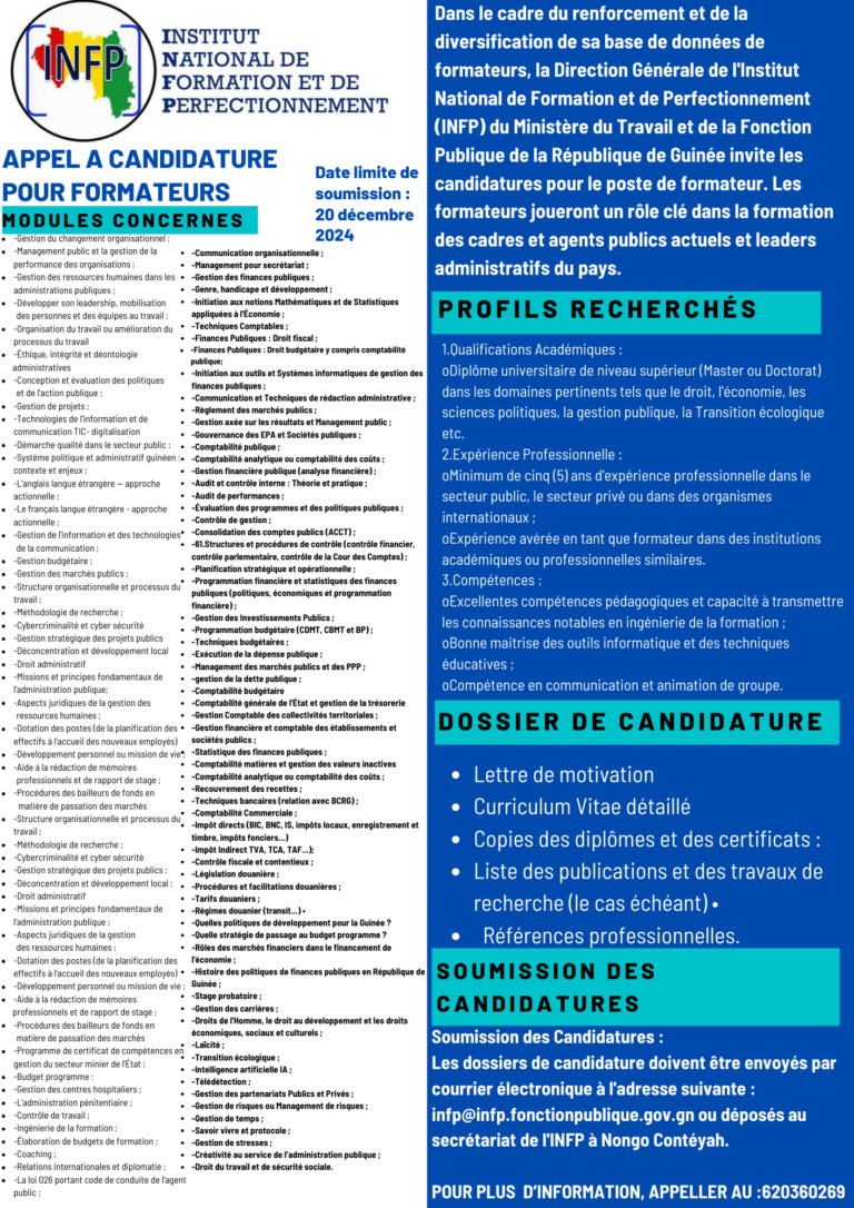 APPEL A CANDIDATURE POUR FORMATEURS